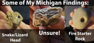 3 fossils that I found on Michigan Land. One is a snake or lizard head. The 2nd one is unknown but it looks like bone surrounded by veins or a tree wrapped in vines. The 3rd picture is a Native American fire starting rock. It's a rock with a perfect hole in the center of it.