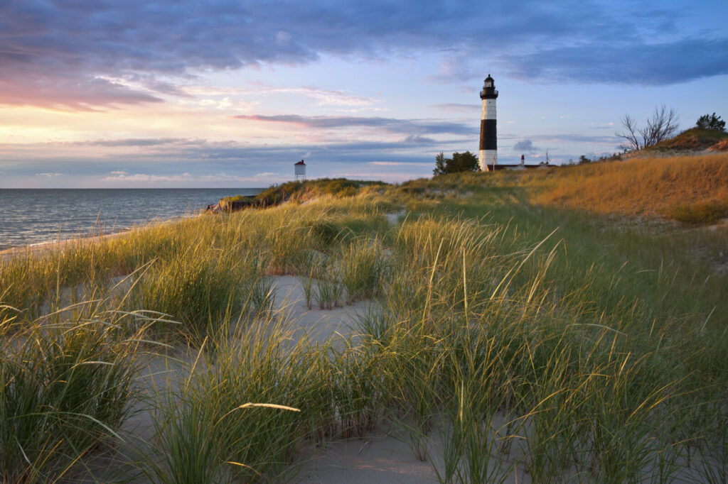 Image of the Big Sable Point Lighthouse and the Lake Michigan shoreline, Michigan, USA.